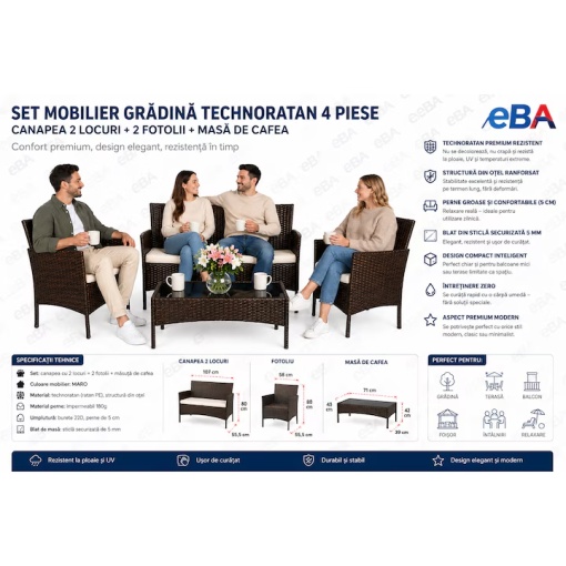 Set Mobilier Terasa si Gradina Technoratan Premium Maro, Canapea 2 Locuri + 2 Fotolii + Masa Cafea cu Sticla Securizata, Mobilier Exterior pentru Balcon Curte si Foisor - Img 7