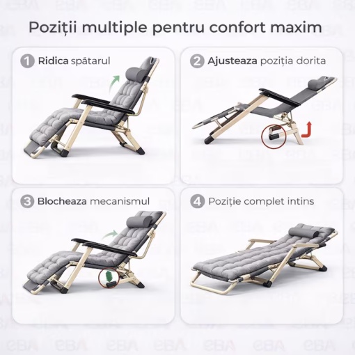 Sezlong pliabil cu perna inclusa, reglabil, gri cu rama aurie, confort maxim, ideal gradina terasa plaja - Img 4