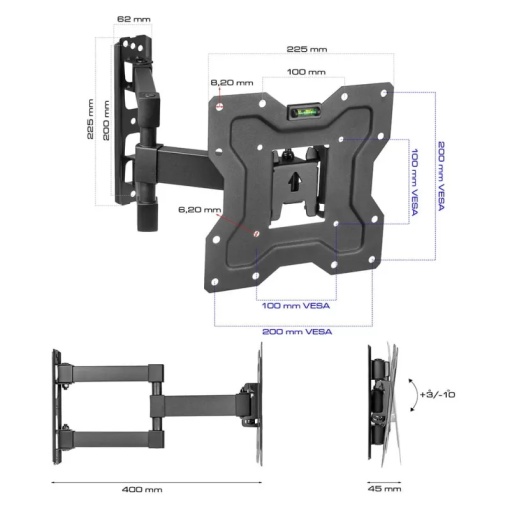 Suport TV Reglabil 15-48 Inch KING SUPPORT KG-1027, VESA 200x200, Rotire 180°, Inclinare -3°/+10°, Brat Extensibil 40 cm, Max 35KG, Suport Perete Universal LED LCD Smart TV - Img 2