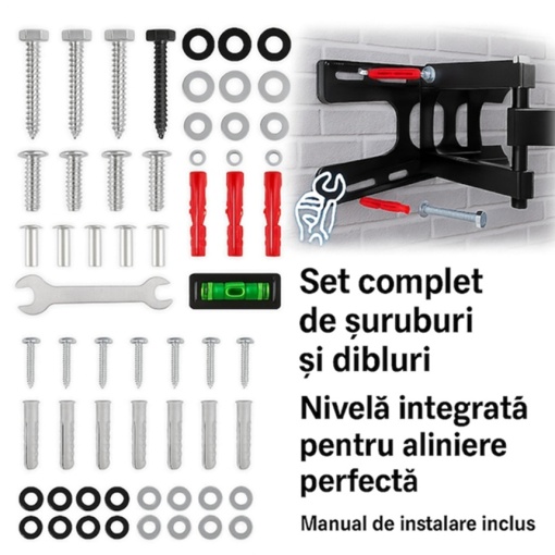 Suport TV Reglabil si Extensibil 23-60 Inch, VESA 400x400, Rotire 120°, Inclinare Reglabila, Otel Ranforsat 45 kg, Montaj Perete cu Accesorii si Nivela Incluse - Img 2