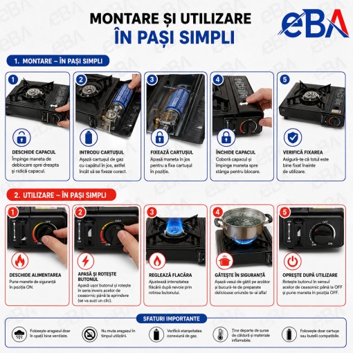 Aragaz Portabil Camping 2 in 1, 2500W, Compatibil Cartus si Butelie Gaz, Aprindere Piezoelectrica, Reglaj Flacara, Valiza Transport Inclusa, Aragaz Turistic pentru Camping, Pescuit si Drumetii - Img 3