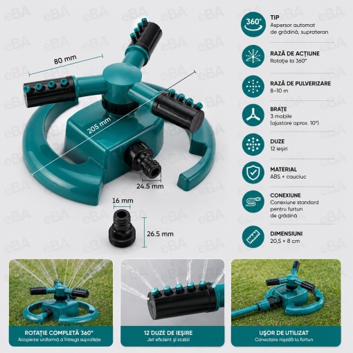 Aspersor Gradina Rotativ 360°, 3 Brate Mobile, 12 Duze, Raza Udare 8–10 m, Irigare Uniforma Gazon si Gradina, Conectare Rapida la Furtun, ABS Rezistent - Img 4