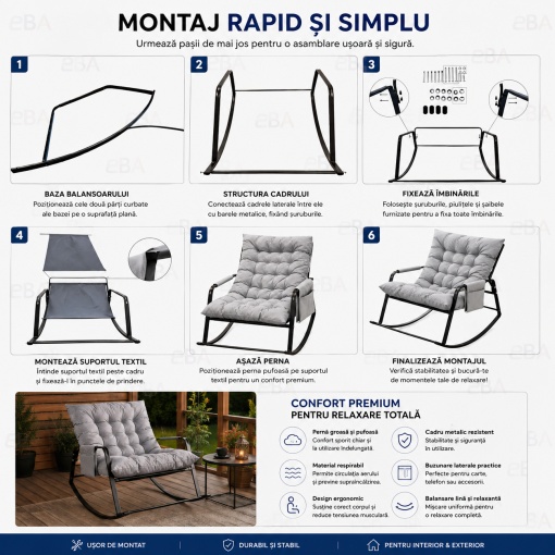 Balansoar Dublu cu Perna pentru Gradina, Terasa si Living, Cadru Metalic Stabil, Design Ergonomic, Confort Premium, 126 x 91 x 69 cm, Gri/Negru - Img 3