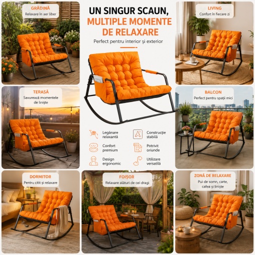 Balansoar Gradina Premium cu Perna Groasa Confortabila, Scaun Balansoar Relaxare pentru Terasa, Living si Balcon, Cadru Metalic Rezistent, Ergonomic, Portocaliu/Negru, 105 x 86 x 59 cm - Img 4