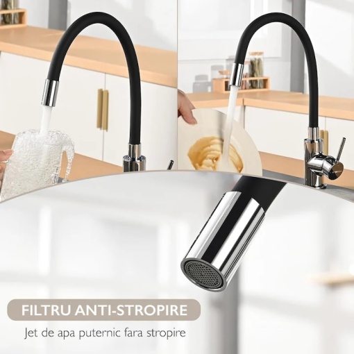 Baterie Chiuveta Bucatarie EBA, Inox, Pipa Inalta, Cartus Ceramic, Monocomanda, Racorduri Incluse, Rotativa 360 grade, Negru - Img 3