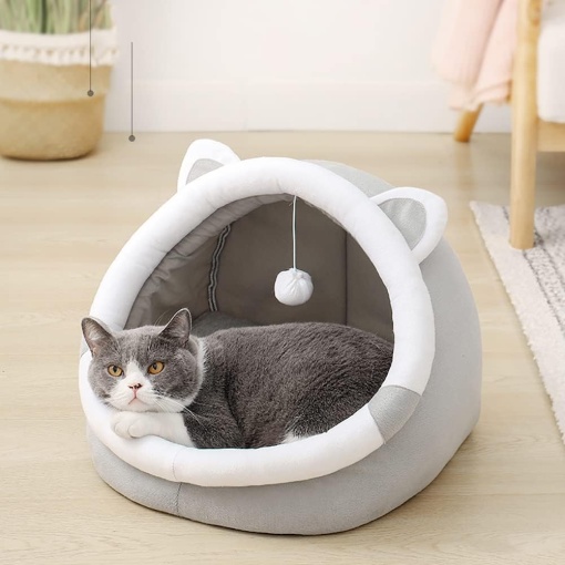 Culcus pentru pisica si caine in forma de casa cu urechi de pisica EBA, material din plus, rezistent la apa, 31 x 30 x 28 cm - Img 4