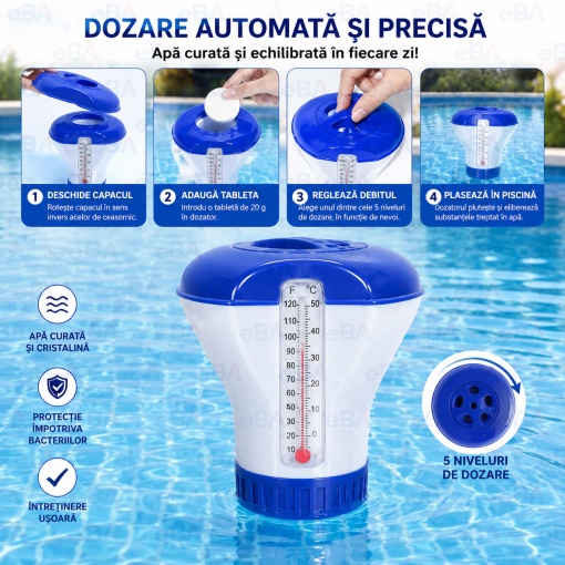 Dispenser Tablete Clor pentru Piscina cu Termometru Integrat 2 in 1, Dozator Plutitor Reglabil 5 Trepte, pentru Tablete 20 g, Piscina, Jacuzzi si SPA - Img 3