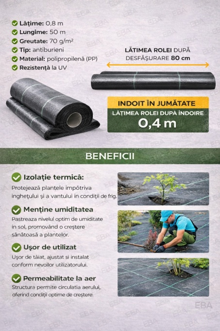 Folie Agrotextil 0.8m x 50m, 70g/m² Antiburuieni, Mulcire, Filtru UV, Negru – Ideal pentru Gradina &amp; Sere - Img 2