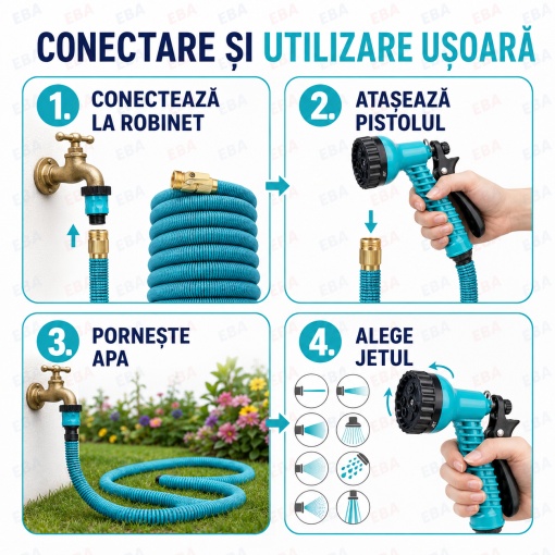 Furtun de gradina extensibil 5-15 m EBA, pistol de stropit cu 8 functii, conectori metalici, latex 3 straturi, anti-rasucire, albastru - Img 5