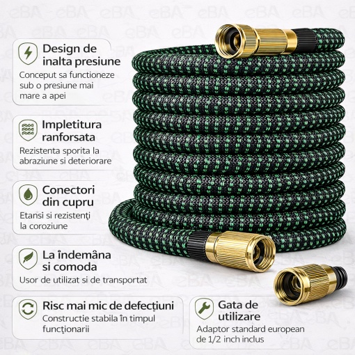 Furtun gradina extensibil 10-30 m cu pistol 10 moduri, furtun latex ranforsat, conectori alama 1/2" 3/4", adaptor robinet - Img 3