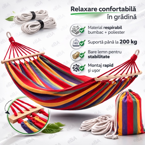Hamac De Gradina 2 Persoane, eBA®, XXL 250x150 Cm, 200 Kg, Bare Lemn, Material Rezistent, Cu Husa, Usor De Montat, Ideal Pentru Curte, Camping, Balcon, Interior Si Exterior, Multicolor - Img 2