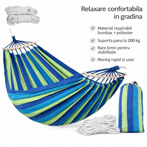 Hamac gradina dublu XXL 250x150 cm cu bara din lemn, bumbac ranforsat, capacitate 200 kg, hamac pentru terasa, balcon, camping si relaxare exterior - Img 3