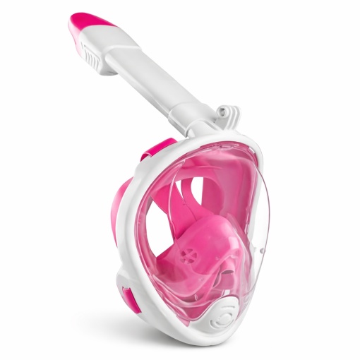 Masca snorkeling copii fata completa S/M, vizor panoramic 180°, sistem DryTop anti-inundare, anti-aburire, snorkel pliabil, pentru piscina si mare, roz alb - Img 6