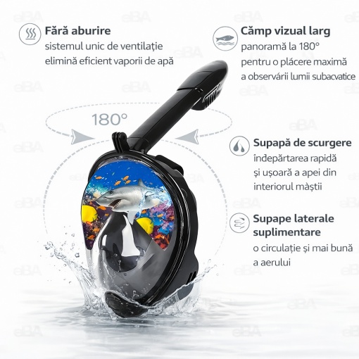 Masca snorkeling full face copii si adolescenti, vizor 180°, anti aburire, snorkel DryTop, respiratie nas si gura, masca scufundari snorkeling cu husa transport - Img 4