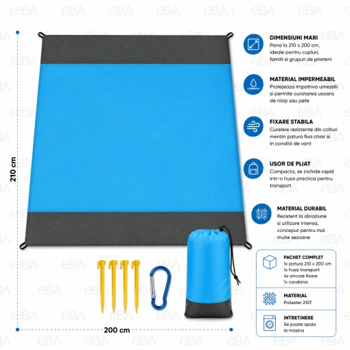 Patura de plaja impermeabila 210x200 cm, mare pentru picnic si camping, rezistenta la apa, nisip si vant, pliabila cu husa transport, covoras outdoor familie 4-6 persoane - Img 3