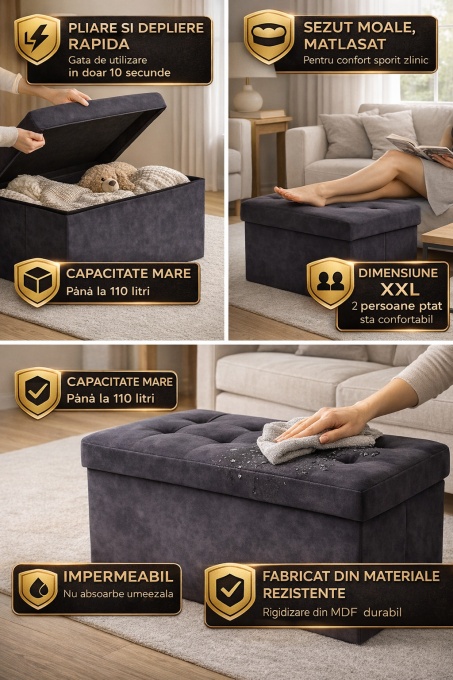 Puf Multifunctional cu Depozitare 110L, Pliabil, Impermeabil, Dimensiune XXL, Sezut Matlasat, Gri, 76x38x38 cm - Img 3