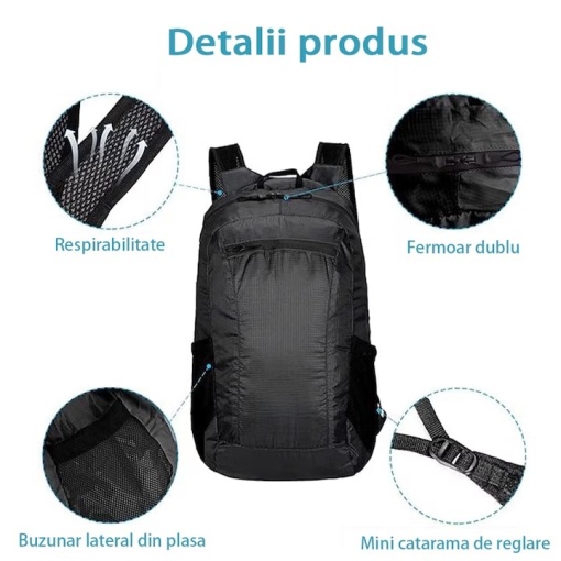 Rucsac pliabil drumetii EBA, rezistent la ploaie si usor, bretele reglabile, capacitate mare 20L, Negru - Img 2