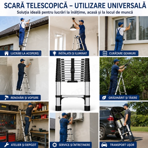 Scara Telescopica Profesionala 3.2 m, 11 Trepte, Inox, 150 kg, Antiderapanta, Pliabila Compact 82 cm, Blocare Automata de Siguranta, pentru Lucrari la Inaltime - Img 3
