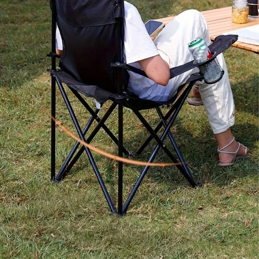 Scaun Pliabil pentru Camping, Pescuit si Plaja, Oxford 600D Impermeabil, Cadru din Otel, Suport Pahar, Cotiere Reglabile, Husa Transport, 44x44x80 cm, Negru - Img 6