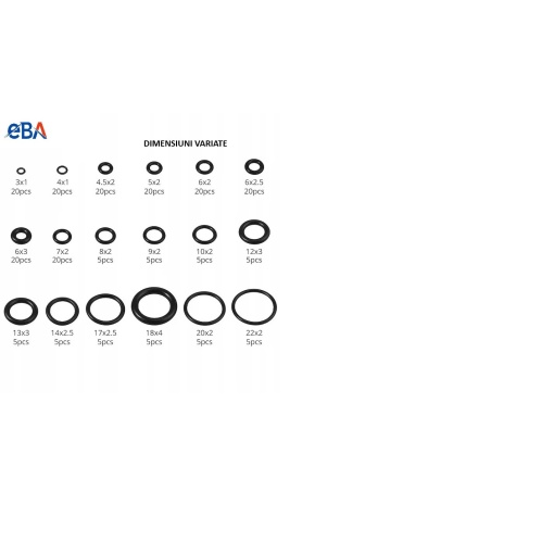 Set 225 garnituri EBA Premium, Rezistente la ozon, uleiuri, 1-4 mm, 3-22 mm, Negru - Img 2