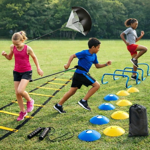 Set antrenament fotbal profesional 20 piese – Scara agilitate 6 m, conuri antrenament, obstacole sarit, parasuta viteza, coarda sarit, kit antrenament coordonare si viteza - Img 5