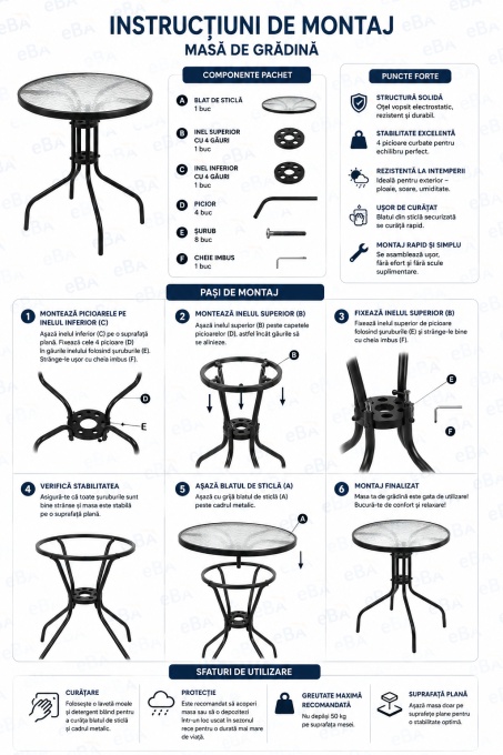 Set Mobilier Gradina si Balcon 2 Scaune + Masa cu Sticla Securizata, Cadru Otel Vopsit Electrostatic, Scaune Suprapozabile, Textilena Premium, Rezistent Exterior, Negru, Terasa Curte Cafenea - Img 4