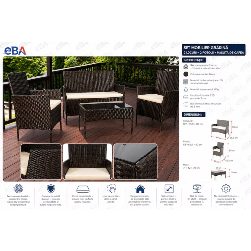 Set Mobilier Terasa si Gradina Technoratan Premium Maro, Canapea 2 Locuri + 2 Fotolii + Masa Cafea cu Sticla Securizata, Mobilier Exterior pentru Balcon Curte si Foisor - Img 4