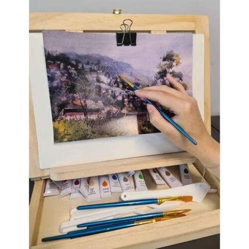 Set pictura EBA Painting Suitcase, 46 piese, Valiza lemn Tip Sevalet, 9 pensule, caiet schite, panza canvas, 24 acuarele, Maro - Img 4