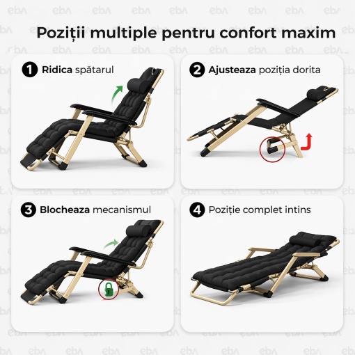 Sezlong pliabil reglabil cu perna groasa 6 cm, cadru otel, confort premium exterior, negru cu rama aurie, terasa, gradina, plaja, camping – EBA - Img 3