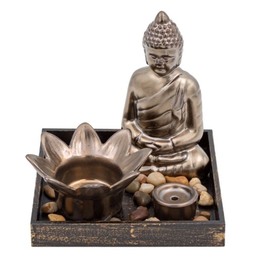 Suport Buddha cu lumanari si betisoare parfumate, decoratiuni pietricele si tava, 15 x 15 cm, EBA, Gri - Img 2