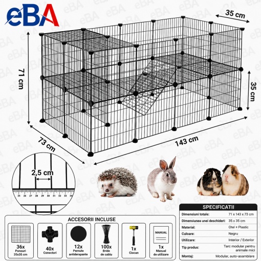 Tarc Modular eBA® PREMIUM pentru Animale Mici 71x143x73 cm, Cusca Metalica Extensibila pentru Iepuri, Cobai, Pisici, Caini si Catei, 36 Panouri, Montaj Rapid, Spatiu de Joaca Interior/Exterior, Negru - Img 2