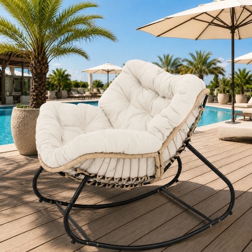 Balansoar de Gradina cu Perna Confortabila, Scaun Balansoar Tip Cuib pentru Relaxare, Terasa, Balcon, Living si Dormitor, Cadru Metalic Stabil, Technoratan Premium, Crem/Negru - Img 5