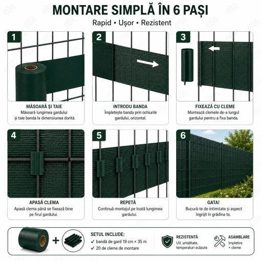 Bandă de Gard pentru Intimitate 19 cm x 35 m, PVC Premium 450 g/m², Verde, Rezistentă UV și Intemperii, Paravan pentru Garduri Panou, 20 Cleme - Img 3