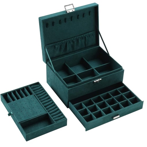 Cutie pentru organizarea bijuteriilor EBA, material catifelat, portabila, dimensiuni 24 x 18 cm, Verde smarald - Img 3
