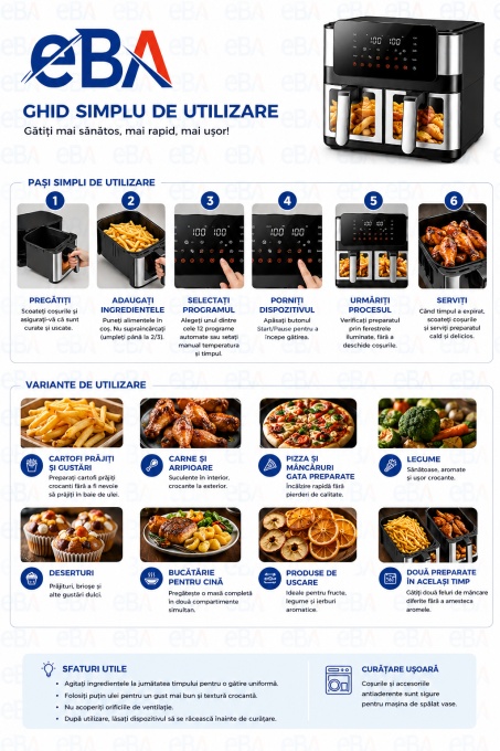 Friteuza cu Aer Cald Dual Zone 8L (2x4L), 2000W, 12 Programe Automate, Panou Tactil LCD, Ferestre Iluminate, Air Fryer Fara Ulei, Functie 6 in 1, Temperatura 80-200°C, Cosuri Antiaderente, Negru/Inox - Img 6