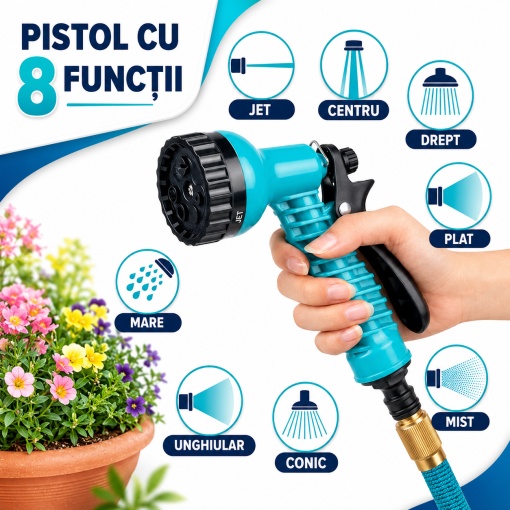 Furtun de gradina extensibil 5-15 m EBA, pistol de stropit cu 8 functii, conectori metalici, latex 3 straturi, anti-rasucire, albastru - Img 2