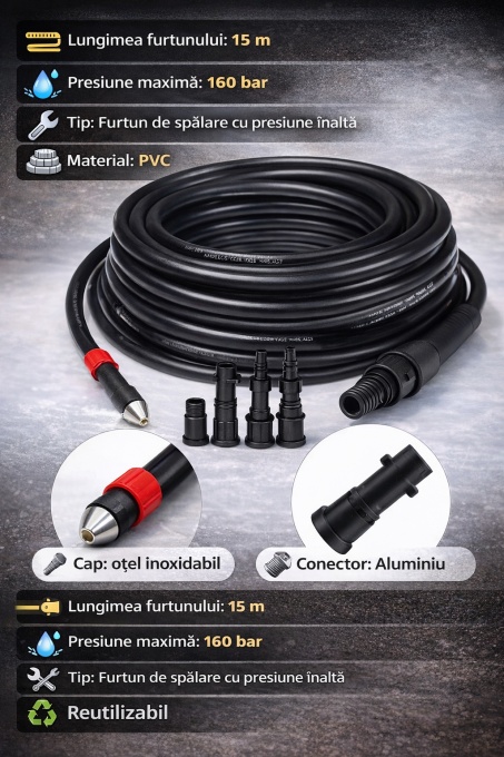Furtun desfundare canalizare 15m, 160 bar, furtun curatare tevi si scurgeri, compatibil aparat presiune, set adaptoare, desfundare WC chiuveta, jet apa profesional - Img 2