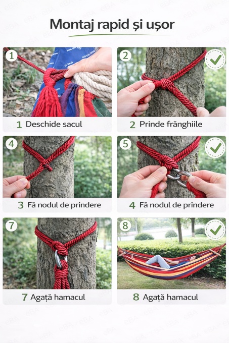 Hamac De Gradina 2 Persoane, eBA®, XXL 250x150 Cm, 200 Kg, Bare Lemn, Material Rezistent, Cu Husa, Usor De Montat, Ideal Pentru Curte, Camping, Balcon, Interior Si Exterior, Multicolor - Img 9