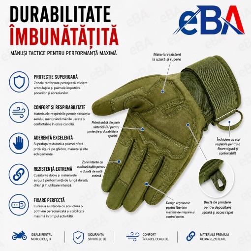 Manusi tactice moto si airsoft eBA XL, verde masliniu, protectii fibra carbon, touchscreen, antiderapante, pentru ATV, bicicleta MTB, enduro, vanatoare, drumetii si outdoor - Img 3