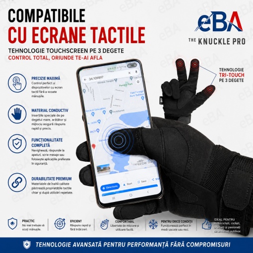 Manusi tactice moto si ATV eBA, marimea L, protectii fibra carbon, touchscreen, antiderapante, pentru motocicleta, bicicleta, enduro, airsoft si outdoor, negre - Img 2