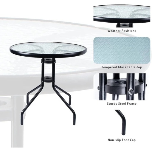 Masa rotunda de cafea EBA, 60 cm, sticla securizata, cadru metalic negru - Ideala pentru balcon, terasa si gradina - Img 2