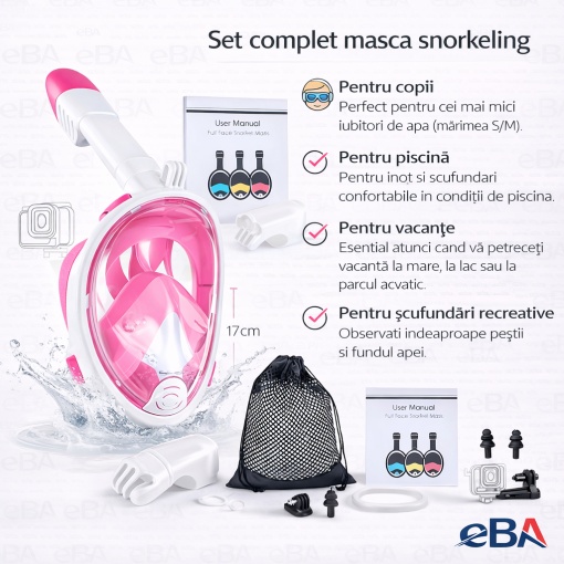 Masca snorkeling copii fata completa S/M, vizor panoramic 180°, sistem DryTop anti-inundare, anti-aburire, snorkel pliabil, pentru piscina si mare, roz alb - Img 3