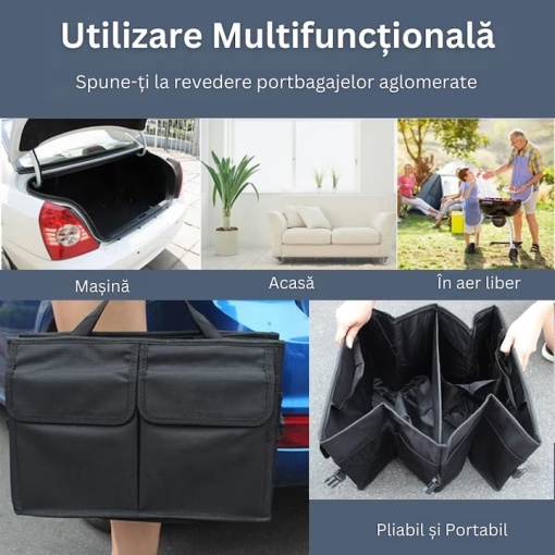 Organizator Portbagaj Auto EBA, 3 Compartimente Depozitare, Pliabil, Poliester, Manere Transport, 52 x 37 x 25.5 cm, Negru - Img 3