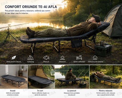 Pat Pliabil Camping si Pescuit 200x65 cm, Tetiera Confortabila, Saltea Captusita, Cadru Metalic 150 kg, Pat Portabil pentru Cort, Gradina si Relaxare - Img 5