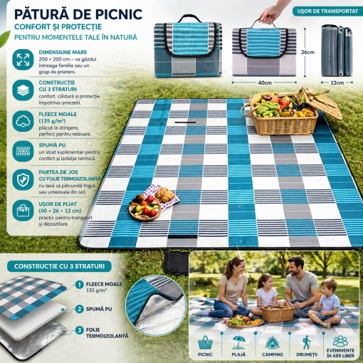 Patura picnic impermeabila 200x200 cm pliabila, 3 straturi izolatoare, fleece moale + aluminiu anti umezeala, pentru plaja, camping, gradina - Img 4
