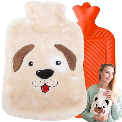 Perna pentru apa calda EBA, capacitate 2 l, Cauciuc, cu husa pufoasa, Model caine, Crem - Img 2