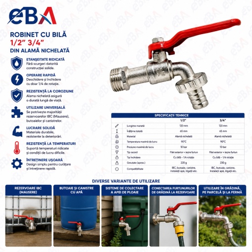 Robinet cu Bila 1/2" – 3/4" pentru Rezervor IBC Mauser, Butoi si Canistra Apa, Alama Nichelata, Robinet Apa Gradina cu Racord Furtun, Etansare Premium, Rezistent la Coroziune - Img 5
