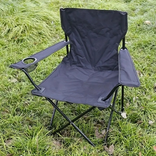 Scaun Pliabil pentru Camping, Pescuit si Plaja, Oxford 600D Impermeabil, Cadru din Otel, Suport Pahar, Cotiere Reglabile, Husa Transport, 44x44x80 cm, Negru - Img 3