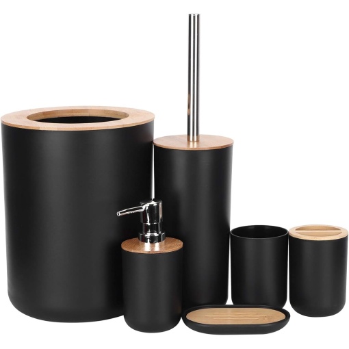 Set Accesorii Baie Premium Bambus EBA, 6 Piese, Cos Gunoi, Dozator Sapun, Pahar Periuta, Savoniera, Perie WC, Pahar, Negru - Img 4
