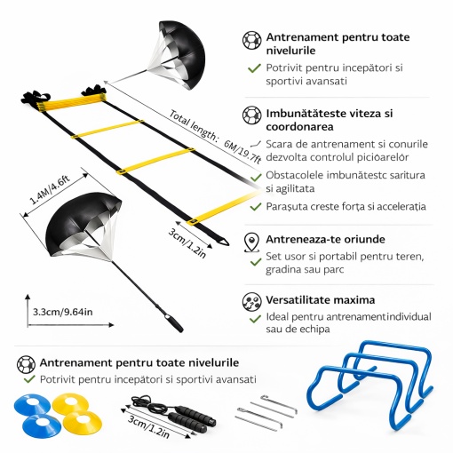 Set antrenament fotbal profesional 20 piese – Scara agilitate 6 m, conuri antrenament, obstacole sarit, parasuta viteza, coarda sarit, kit antrenament coordonare si viteza - Img 2